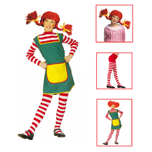 VESTITO CARNEVALE + ACCESSORI NAUGHTY GIRL PIPPI COSTUME PARRUCCA CALZE 3/4 ANNI TRAVESTIMENTO - 3607+01234+6288M