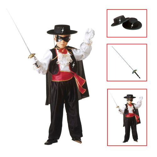 VESTITO CARNEVALE + ACCESSORI ZORRO EROE BANDITO MASCHERATO COSTUME CAPPELLO FIORETTO 4/5 ANNI TRAVESTIMENTO - 3682+3411Z+6765Z