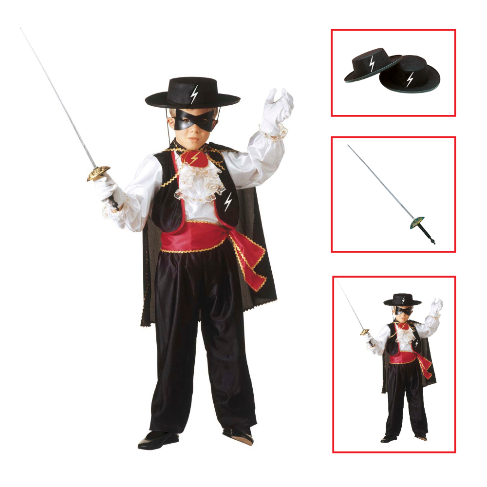 VESTITO CARNEVALE + ACCESSORI ZORRO EROE BANDITO MASCHERATO COSTUME CAPPELLO FIORETTO 3/4 ANNI TRAVESTIMENTO - 3682+3411Z+6765Z