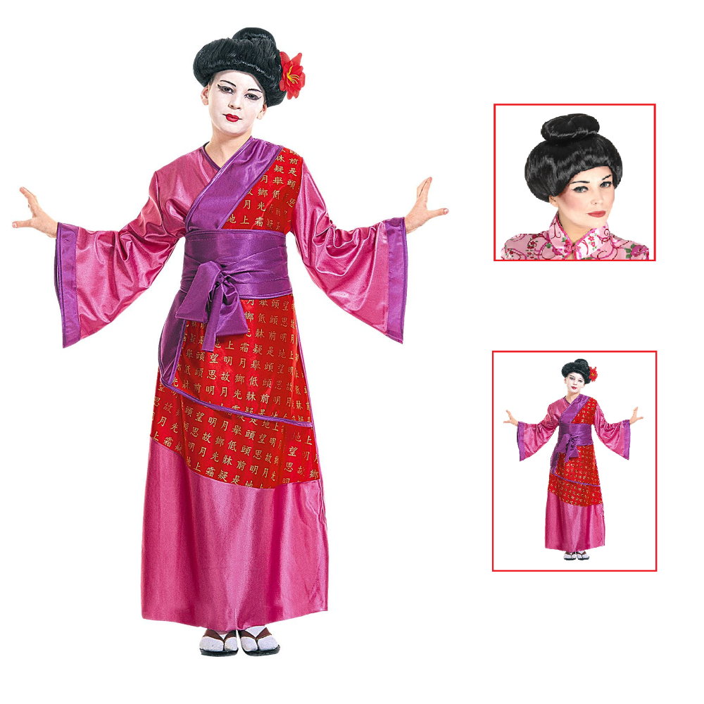 VESTITO CARNEVALE + ACCESSORI GEISHA GIAPPONESE KIMONO E CINTURA PARRUCCA 5/7 ANNI - 3871+01509