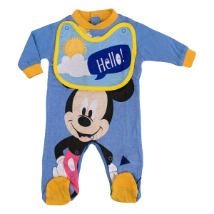 TUTINA LUNGA CON PIEDINI + BAVETTO MICKEY MOUSE DISNEY TOPOLINO 100% COTONE 0/6 MESI - MIC1728/2