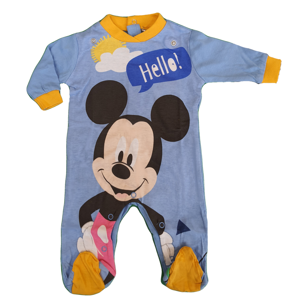 TUTINA LUNGA CON PIEDINI + BAVETTO MICKEY MOUSE DISNEY TOPOLINO 100% COTONE 0/6 MESI - MIC1728/2