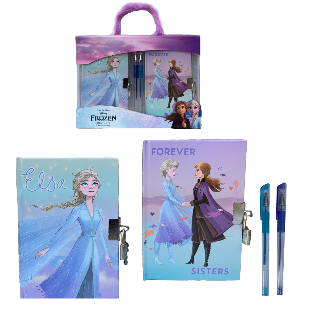 SET 2 DIARI SEGRETI CON LUCCHETTO FROZEN DISNEY ELSA ANNA + 2 PENNE IN CONFEZIONE REGALO - FR0754