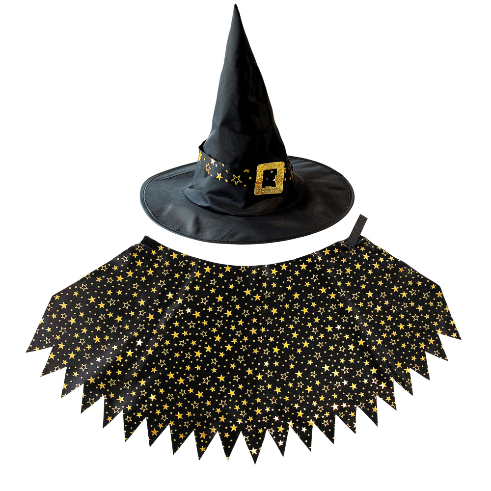 SET TRAVESTIMENTO STREGA CAPPELLO MANTELLO ACCESSORI CARNEVALE HALLOWEEN - 00283