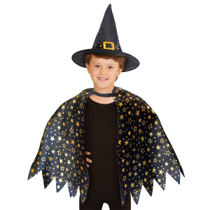 SET TRAVESTIMENTO STREGA CAPPELLO MANTELLO ACCESSORI CARNEVALE HALLOWEEN - 00283