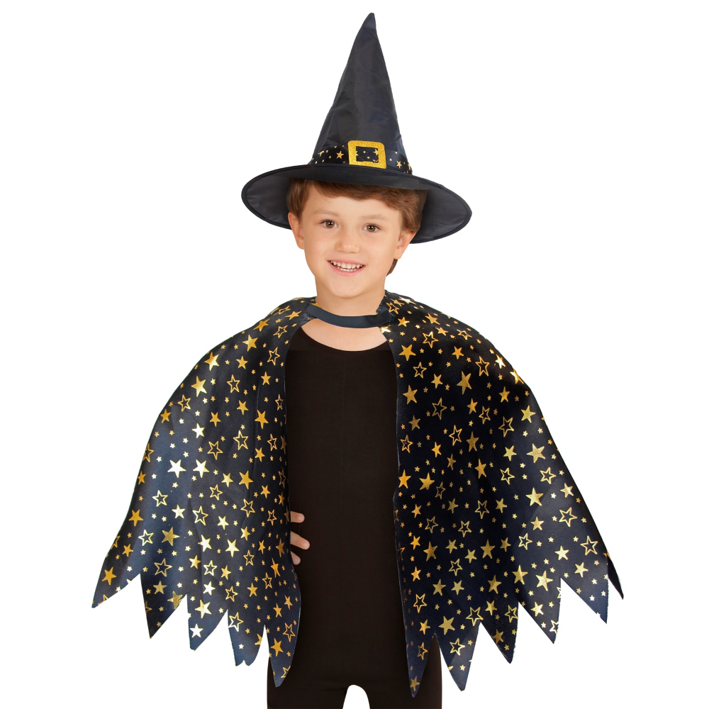 SET TRAVESTIMENTO STREGA CAPPELLO MANTELLO ACCESSORI CARNEVALE HALLOWEEN - 00283