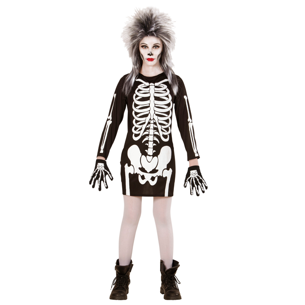 VESTITO CARNEVALE + ACCESSORI SCHELETRO VESTITO CALZE E GUANTI DA SCHELETRO TRAVESTIMENTO HALLOWEEN 11/13 ANNI