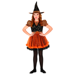 VESTITO CARNEVALE + ACCESSORI STREGA VESTITO CAPPELLO SCOPA IN FILI DI LAMÈ 5/7 ANNI HALLOWEEN BAMBINA - 0181+52776