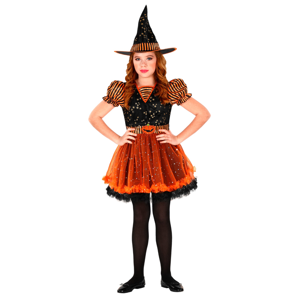 VESTITO CARNEVALE + ACCESSORI STREGA VESTITO CAPPELLO SCOPA IN FILI DI LAMÈ 5/7 ANNI HALLOWEEN BAMBINA - 0181+52776