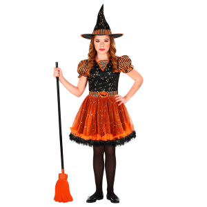 VESTITO CARNEVALE + ACCESSORI STREGA VESTITO CAPPELLO SCOPA IN FILI DI LAMÈ 5/7 ANNI HALLOWEEN BAMBINA - 0181+52776