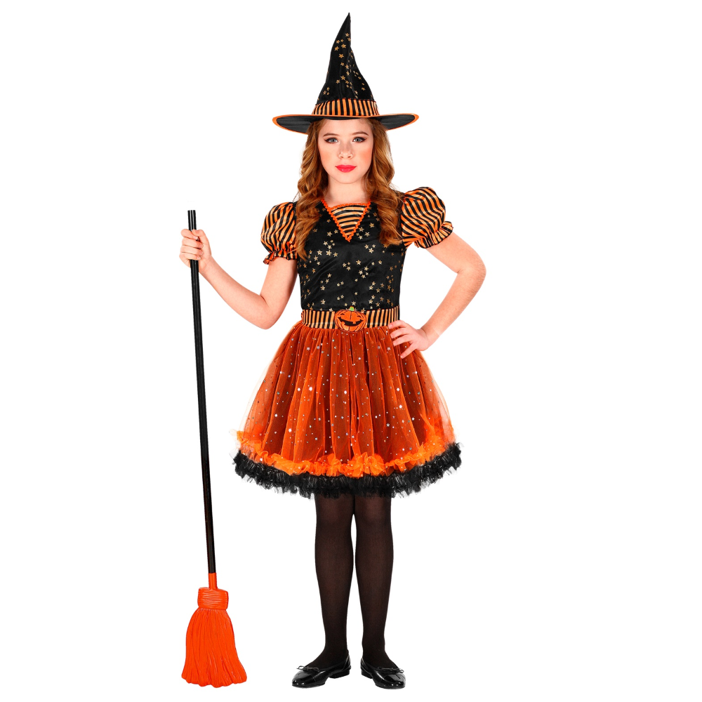 VESTITO CARNEVALE + ACCESSORI STREGA VESTITO CAPPELLO SCOPA IN FILI DI LAMÈ 5/7 ANNI HALLOWEEN BAMBINA - 0181+52776