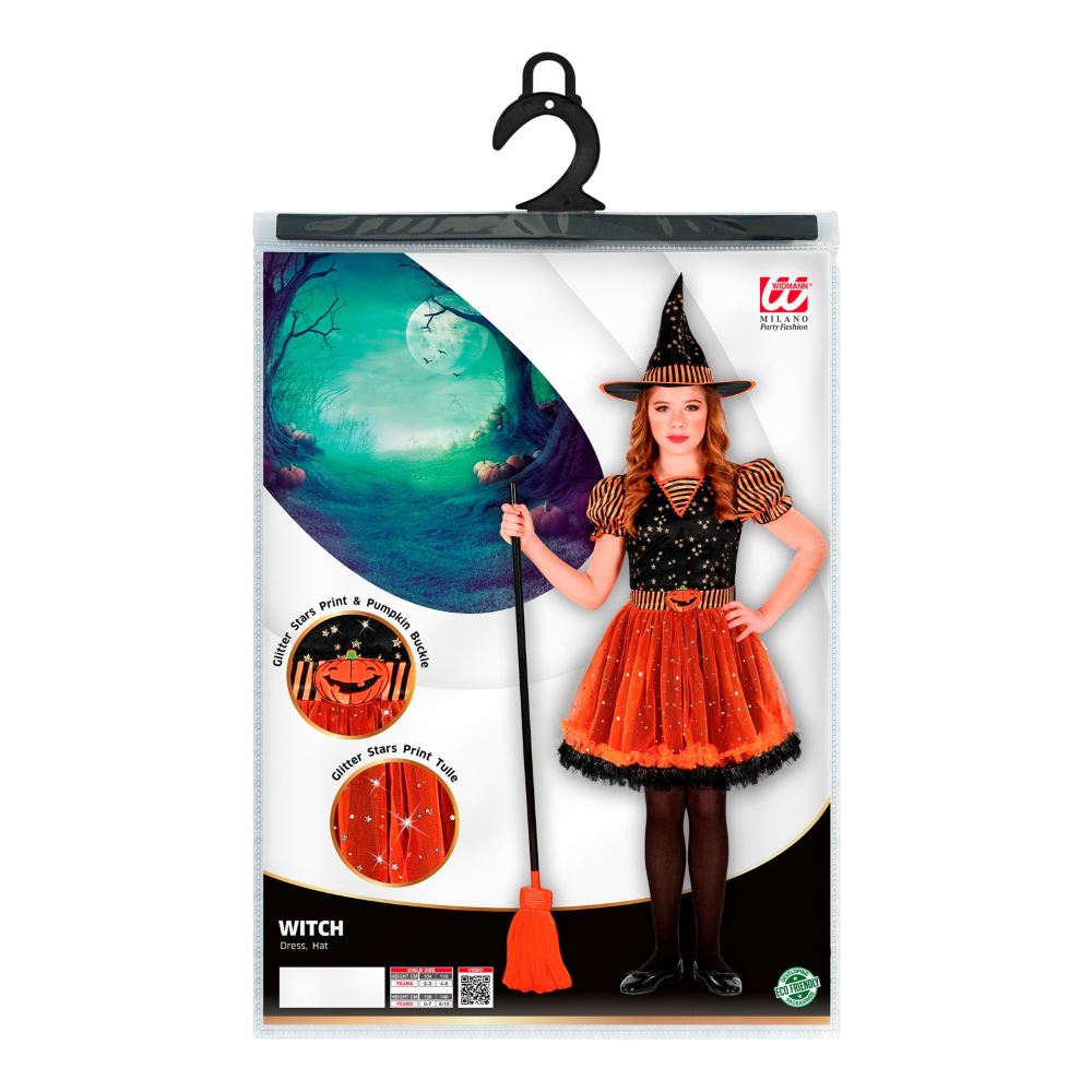 VESTITO CARNEVALE + ACCESSORI STREGA VESTITO CAPPELLO SCOPA IN FILI DI LAMÈ 5/7 ANNI HALLOWEEN BAMBINA - 0181+52776