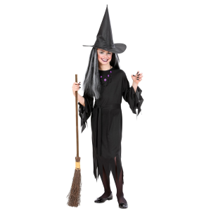 VESTITO CARNEVALE + ACCESSORI STREGA VESTITO CAPPELLO SCOPA PARRUCCA 11/13 ANNI HALLOWEEN BAMBINA - 0250+6279S+9835W