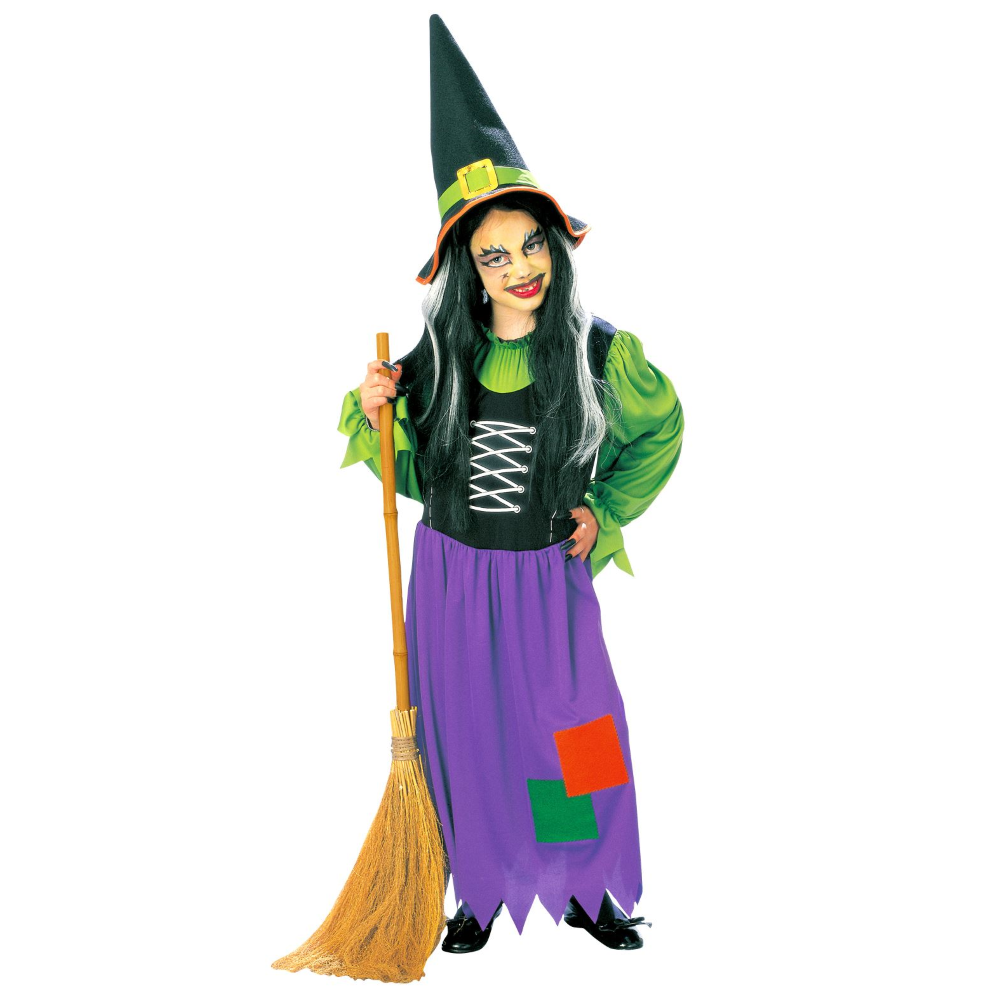 VESTITO CARNEVALE + ACCESSORI STREGA VESTITO CAPPELLO SCOPA PARRUCCA 5/7 ANNI HALLOWEEN BAMBINA - 3857+6279S+52776