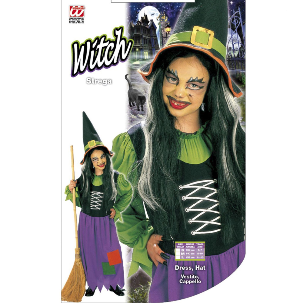 VESTITO CARNEVALE + ACCESSORI STREGA VESTITO CAPPELLO SCOPA PARRUCCA 5/7 ANNI HALLOWEEN BAMBINA - 3857+6279S+52776