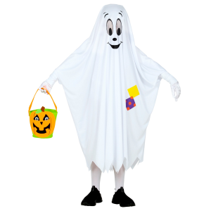 VESTITO CARNEVALE + ACCESSORI FANTASMA PONCHO CESTINO BORSETTA ZUCCA TRAVESTIMENTO HALLOWEEN