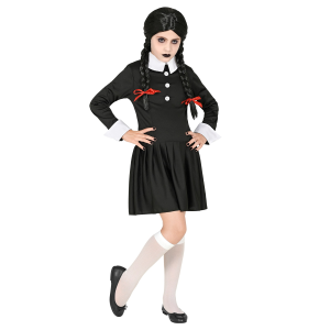 VESTITO CARNEVALE + ACCESSORI DARK GIRL VESTITO PARRUCCA TRAVESTIMENTO HALLOWEEN