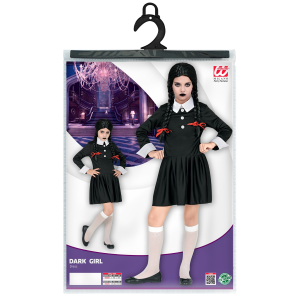 VESTITO CARNEVALE + ACCESSORI DARK GIRL VESTITO PARRUCCA TRAVESTIMENTO HALLOWEEN