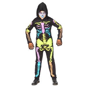 VESTITO CARNEVALE + ACCESSORI SCHELETRO COLORATO TUTA GUANTI TRAVESTIMENTO HALLOWEEN 4/5 ANNI - 7027+34275