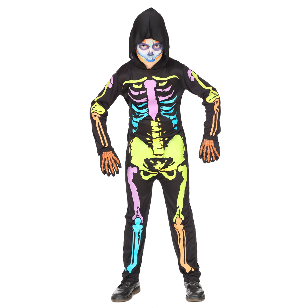 VESTITO CARNEVALE + ACCESSORI SCHELETRO COLORATO TUTA GUANTI TRAVESTIMENTO HALLOWEEN 4/5 ANNI - 7027+34275