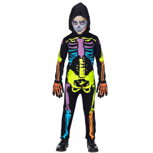 VESTITO CARNEVALE + ACCESSORI SCHELETRO COLORATO TUTA GUANTI TRAVESTIMENTO HALLOWEEN 4/5 ANNI - 7027+34275