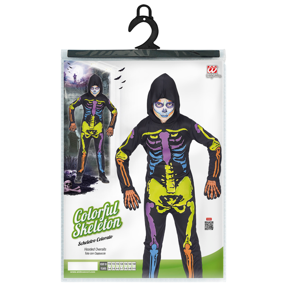 VESTITO CARNEVALE + ACCESSORI SCHELETRO COLORATO TUTA GUANTI TRAVESTIMENTO HALLOWEEN 4/5 ANNI - 7027+34275