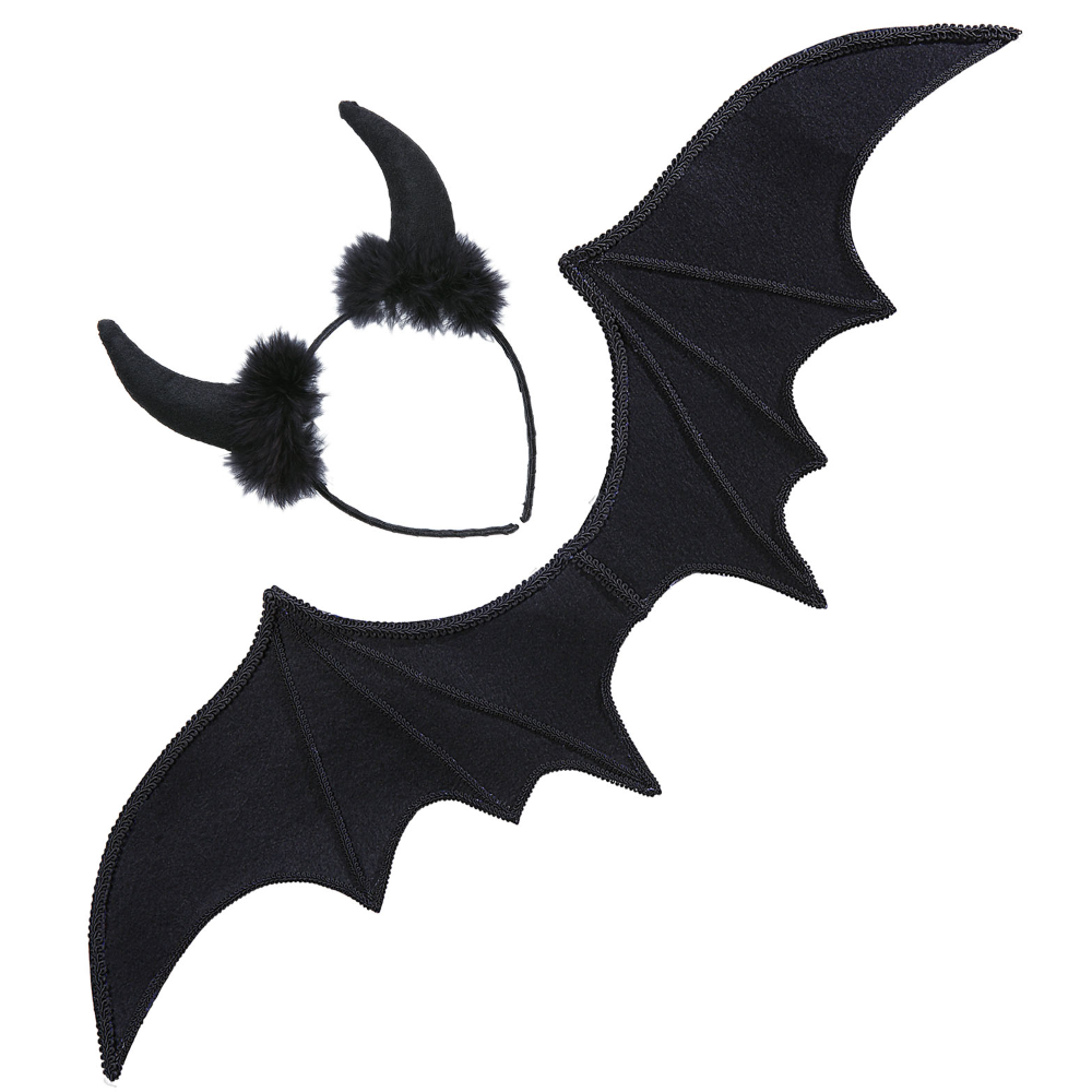 SET TRAVESTIMENTO DIAVOLO NERO CORNA E ALI ACCESSORI CARNEVALE HALLOWEEN - 8236S