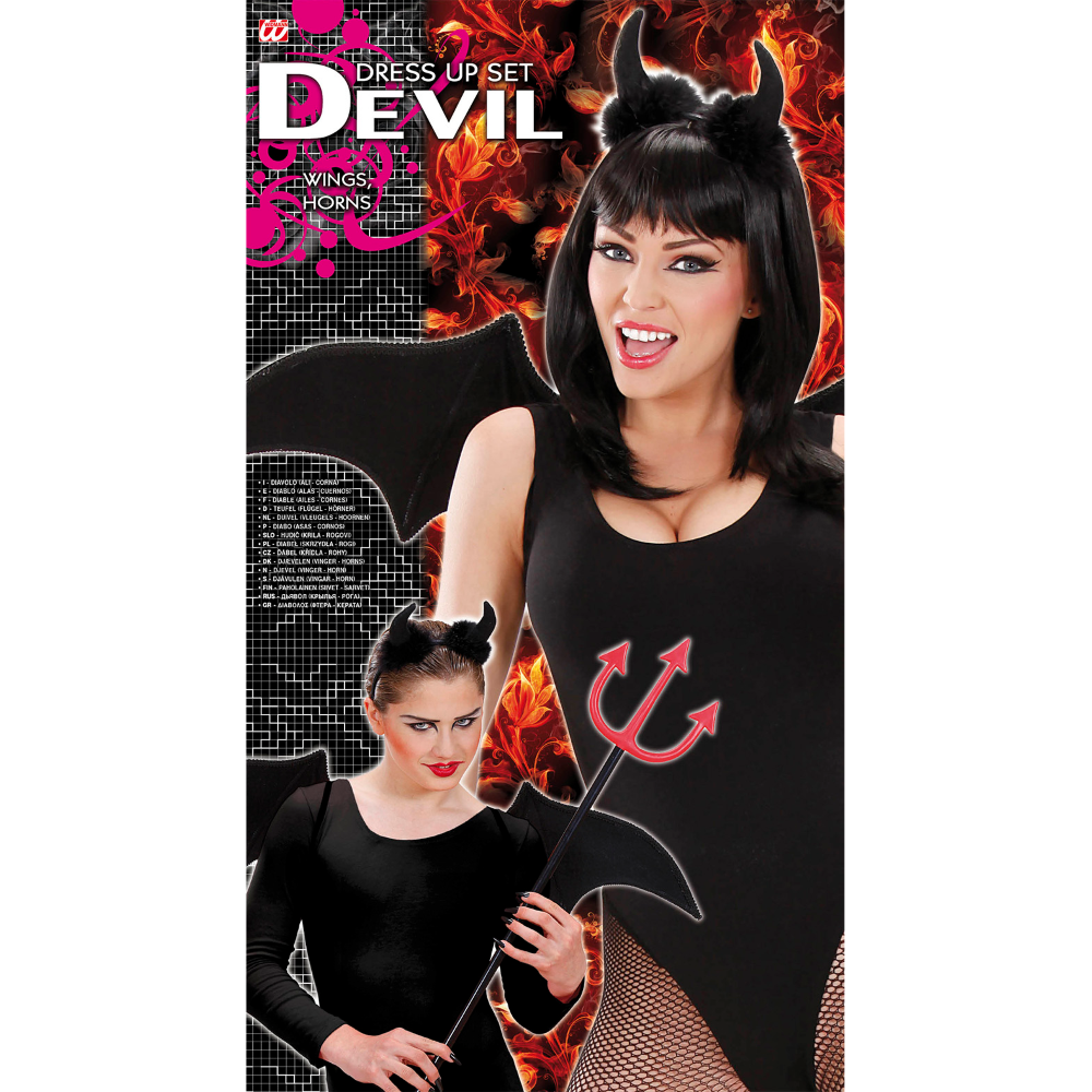 SET TRAVESTIMENTO DIAVOLO NERO CORNA E ALI ACCESSORI CARNEVALE HALLOWEEN - 8236S