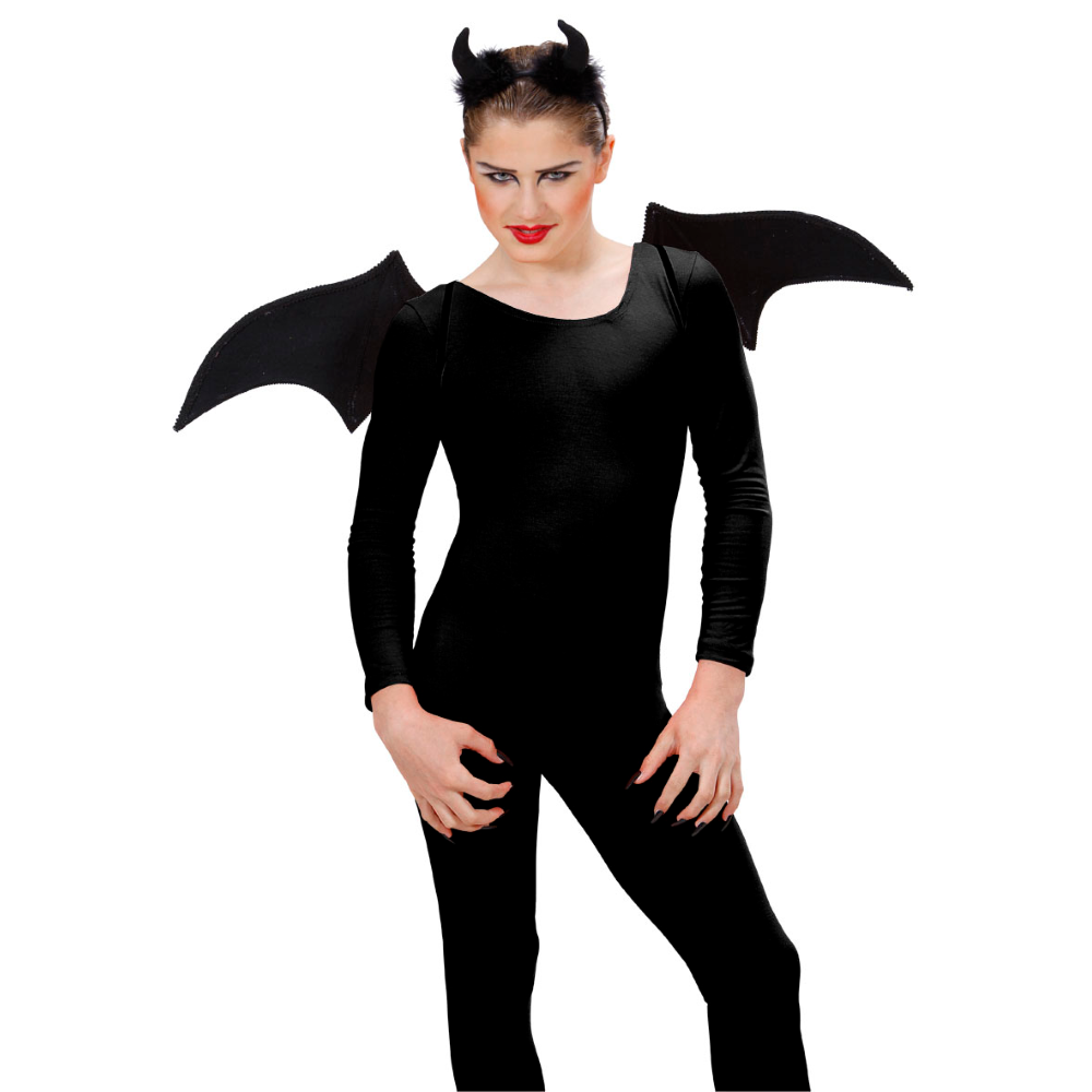 SET TRAVESTIMENTO DIAVOLO NERO CORNA E ALI ACCESSORI CARNEVALE HALLOWEEN - 8236S