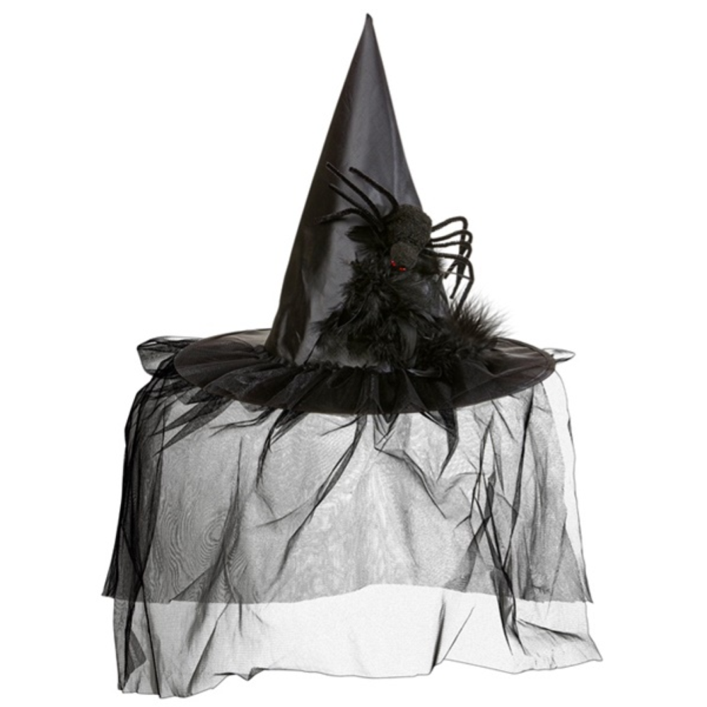 CAPPELLO STREGA CON TULLE PIUME E RAGNO ACCESSORI CARNEVALE HALLOWEEN - 9395R