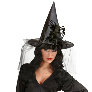CAPPELLO STREGA CON TULLE PIUME E RAGNO ACCESSORI CARNEVALE HALLOWEEN - 9395R