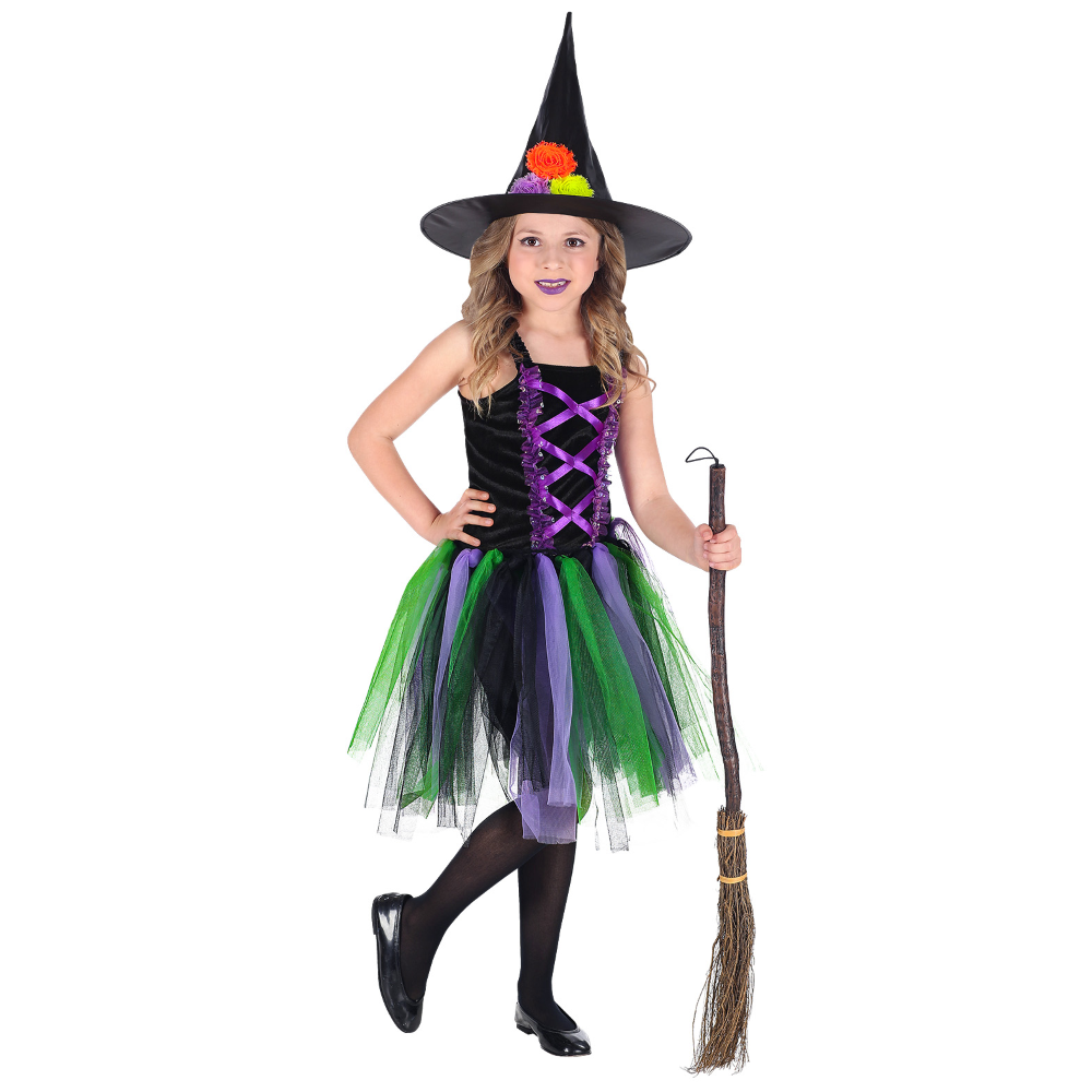 VESTITO CARNEVALE + ACCESSORI STREGA VESTITO CAPPELLO SCOPA 3/4 ANNI HALLOWEEN BAMBINA - 96539+9835W