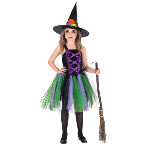 VESTITO CARNEVALE + ACCESSORI STREGA VESTITO CAPPELLO SCOPA 3/4 ANNI HALLOWEEN BAMBINA - 96539+9835W