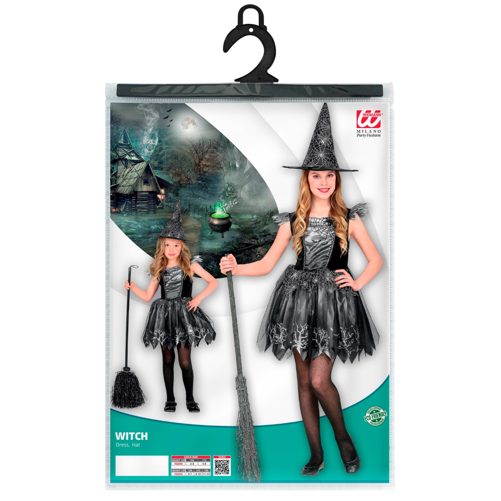 VESTITO CARNEVALE + ACCESSORI WITCH VESTITO CAPPELLO SCOPA 2/3 ANNI HALLOWEEN BAMBINA - 9736+9835W