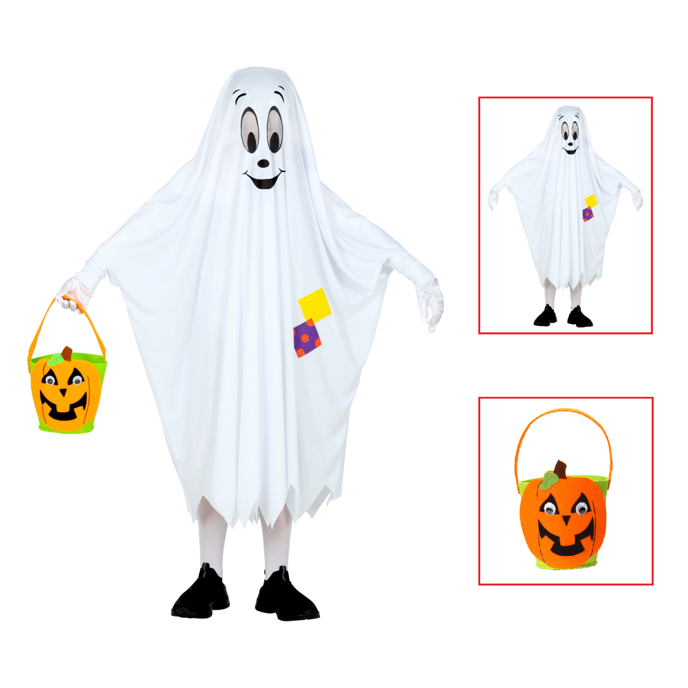VESTITO CARNEVALE + ACCESSORI FANTASMA PONCHO CESTINO BORSETTA ZUCCA TRAVESTIMENTO HALLOWEEN