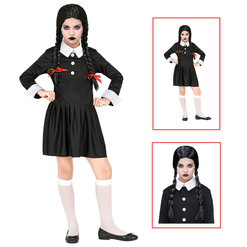 VESTITO CARNEVALE + ACCESSORI DARK GIRL VESTITO PARRUCCA TRAVESTIMENTO HALLOWEEN