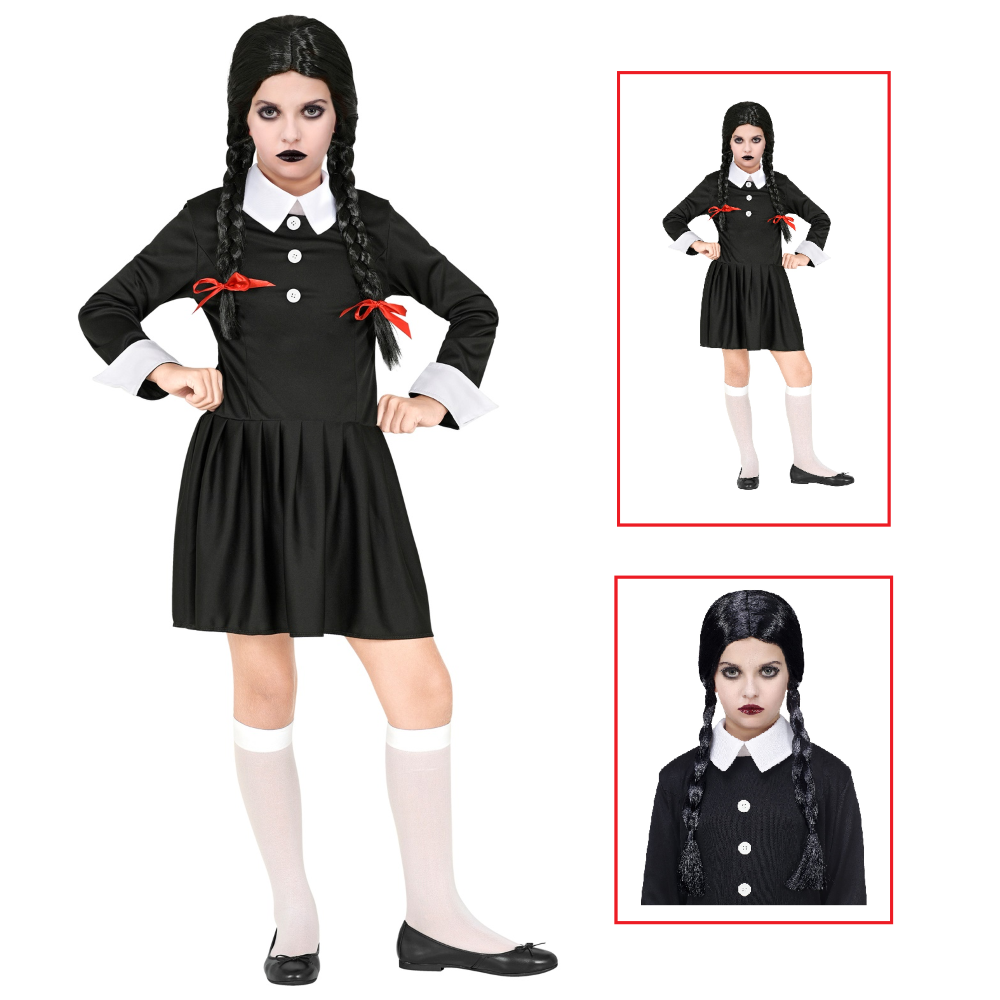 VESTITO CARNEVALE + ACCESSORI DARK GIRL VESTITO PARRUCCA TRAVESTIMENTO HALLOWEEN