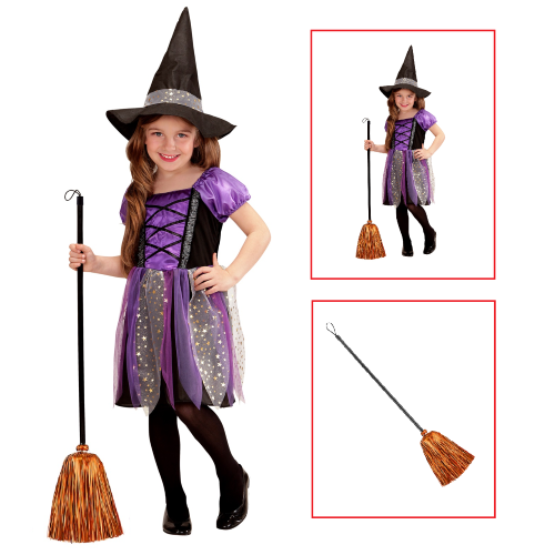 VESTITO CARNEVALE + ACCESSORI STREGA VESTITO CAPPELLO SCOPA IN FILI DI LAMÈ HALLOWEEN BAMBINA 4/5 ANNI - 0026+52776