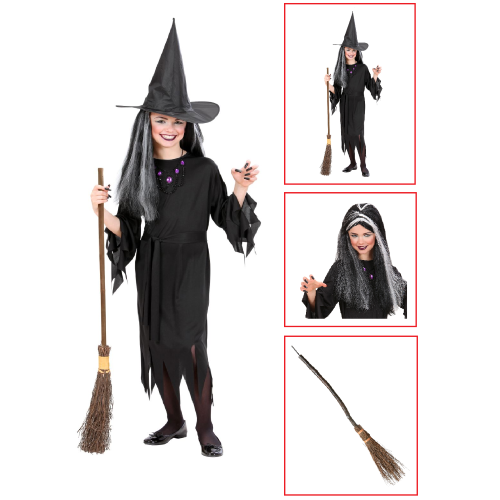 VESTITO CARNEVALE + ACCESSORI STREGA VESTITO CAPPELLO SCOPA PARRUCCA 4/5 ANNI HALLOWEEN BAMBINA - 0250+6279S+9835W