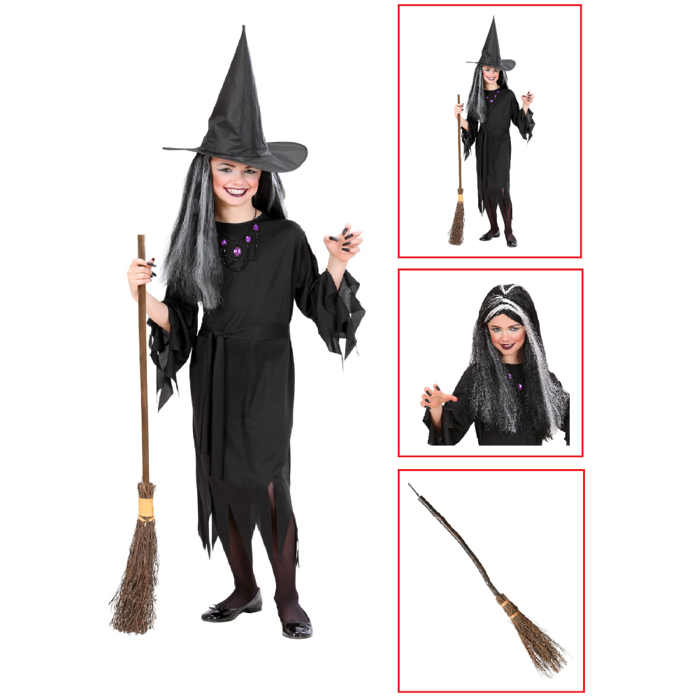 VESTITO CARNEVALE + ACCESSORI STREGA VESTITO CAPPELLO SCOPA PARRUCCA 11/13 ANNI HALLOWEEN BAMBINA - 0250+6279S+9835W