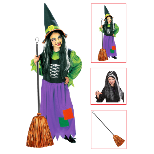 VESTITO CARNEVALE + ACCESSORI STREGA VESTITO CAPPELLO SCOPA PARRUCCA 8/10 ANNI HALLOWEEN BAMBINA - 3857+6279S+52776