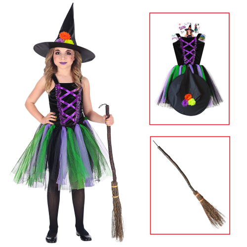 VESTITO CARNEVALE + ACCESSORI STREGA VESTITO CAPPELLO SCOPA 3/4 ANNI HALLOWEEN BAMBINA - 96539+9835W