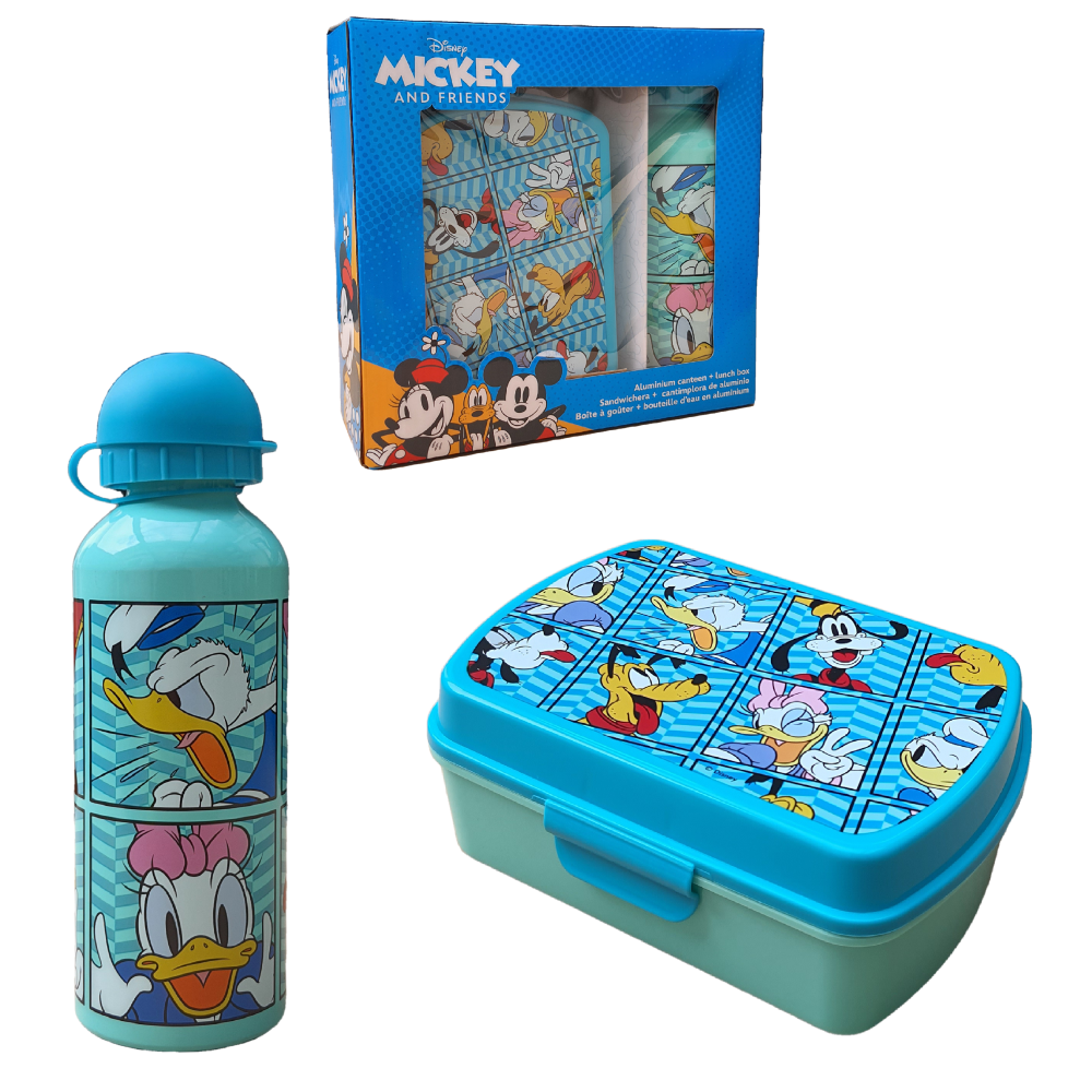 SET DISNEY FRIENDS PAPERINO PIPPO PLUTO PAPERINA BORRACCIA IN ALLUMINIO + PORTAMERENDA IN CONFEZIONE -  MF0001