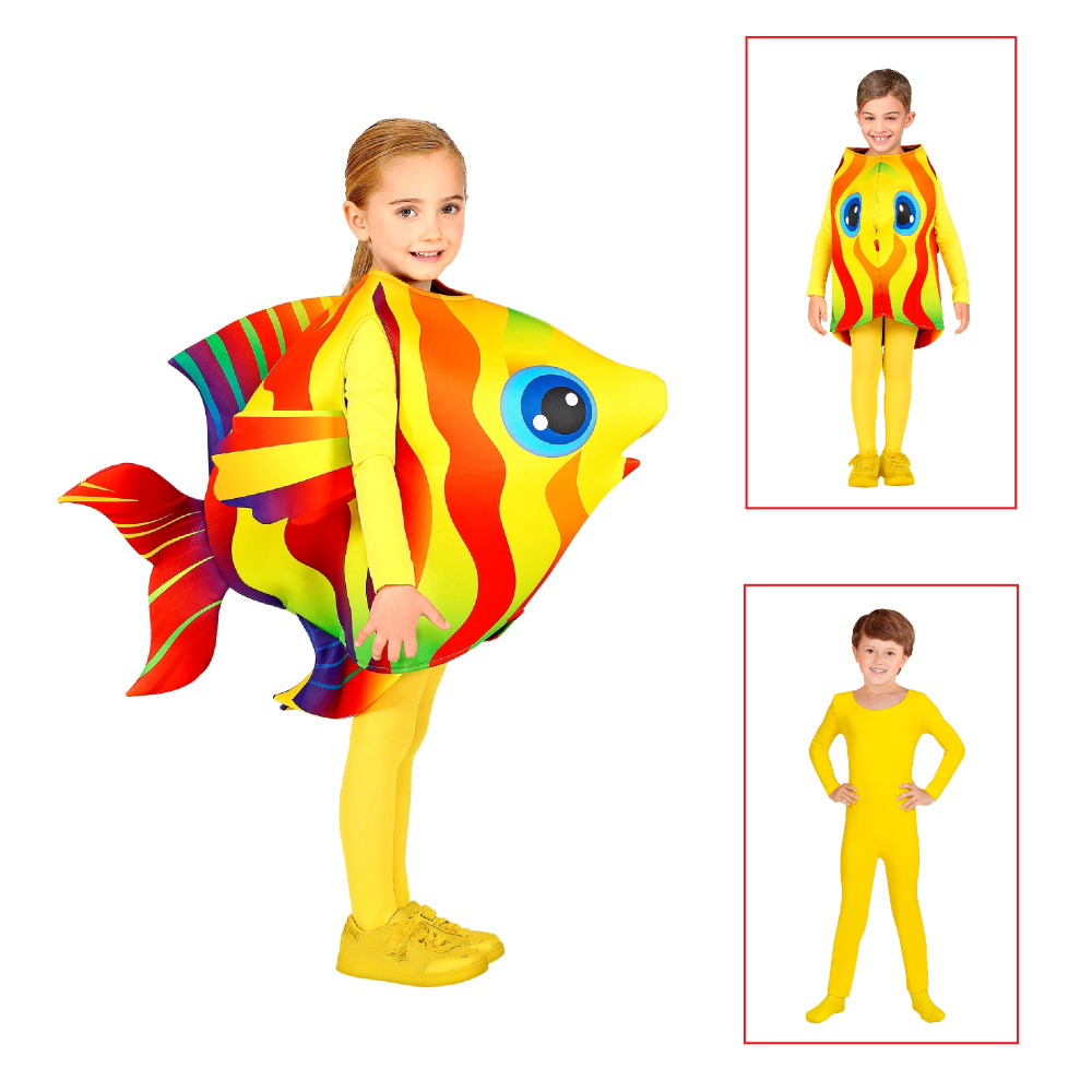 VESTITO CARNEVALE + ACCESSORI PESCE TROPICALE COSTUME TUTA GIALLA TRAVESTIMENTO BAMBINI - 00045+04561