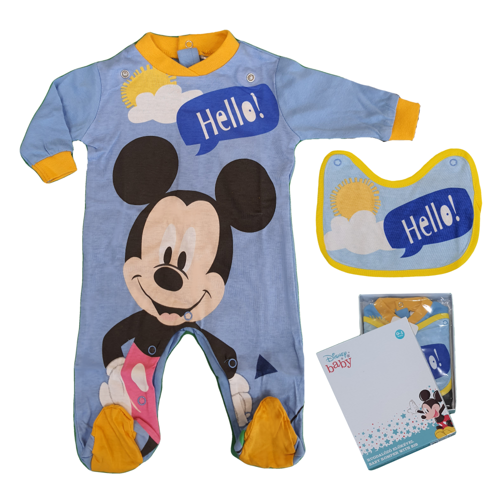 TUTINA LUNGA CON PIEDINI + BAVETTO MICKEY MOUSE DISNEY TOPOLINO 100% COTONE 0/6 MESI - MIC1728/2