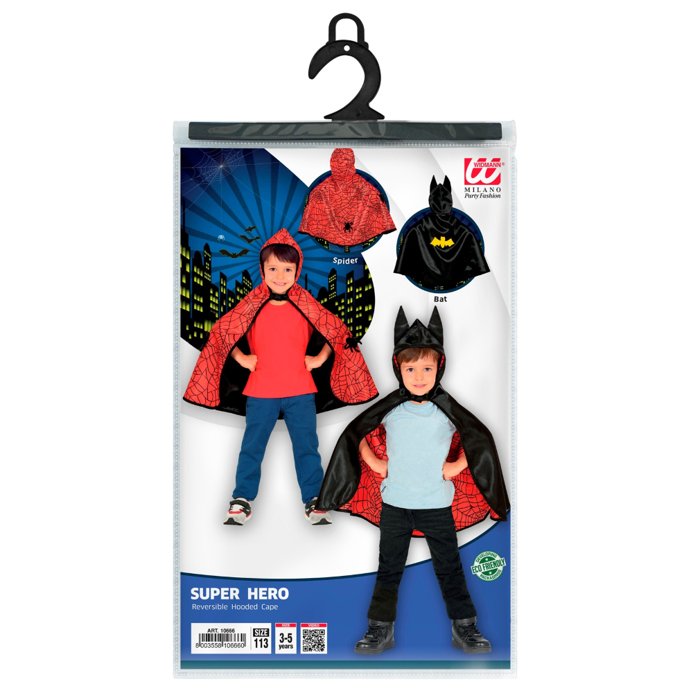 COSTUME CARNEVALE SUPER EROE MANTELLO CON CAPPUCCIO REVERSIBILE BAMBINO ABITO TRAVESTIMENTO - 1066