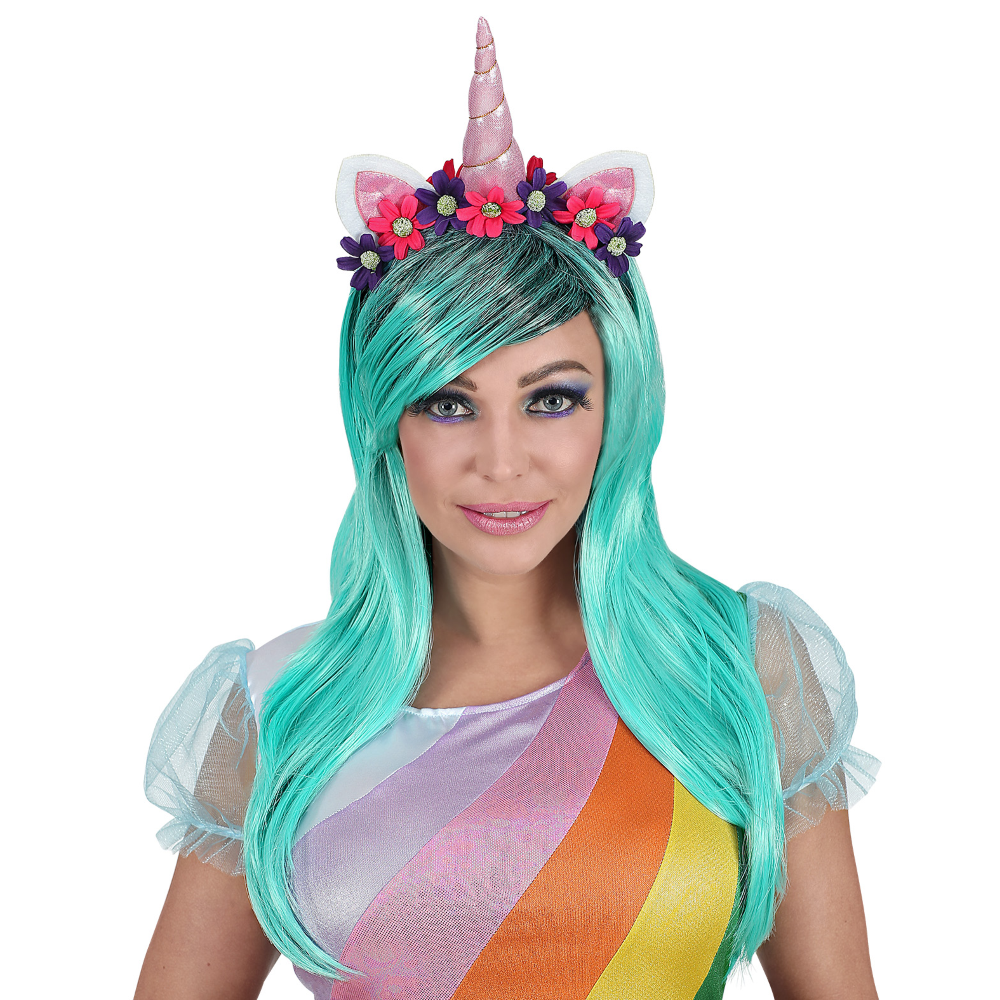 VESTITO CARNEVALE + ACCESSORI UNICORNO ABITO COPRICAPO PARRUCCA TRAVESTIMENTO (S)