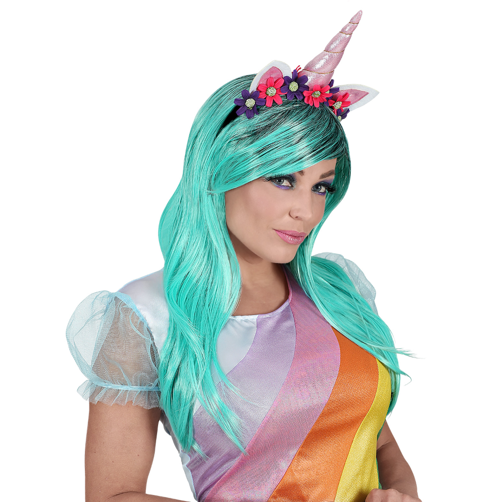 PARRUCCA E CERCHIETTO UNICORNO FANTASY ACCESSORI PER ABITO VESTITO TRAVESTIMENTO CARNEVALE - 46942