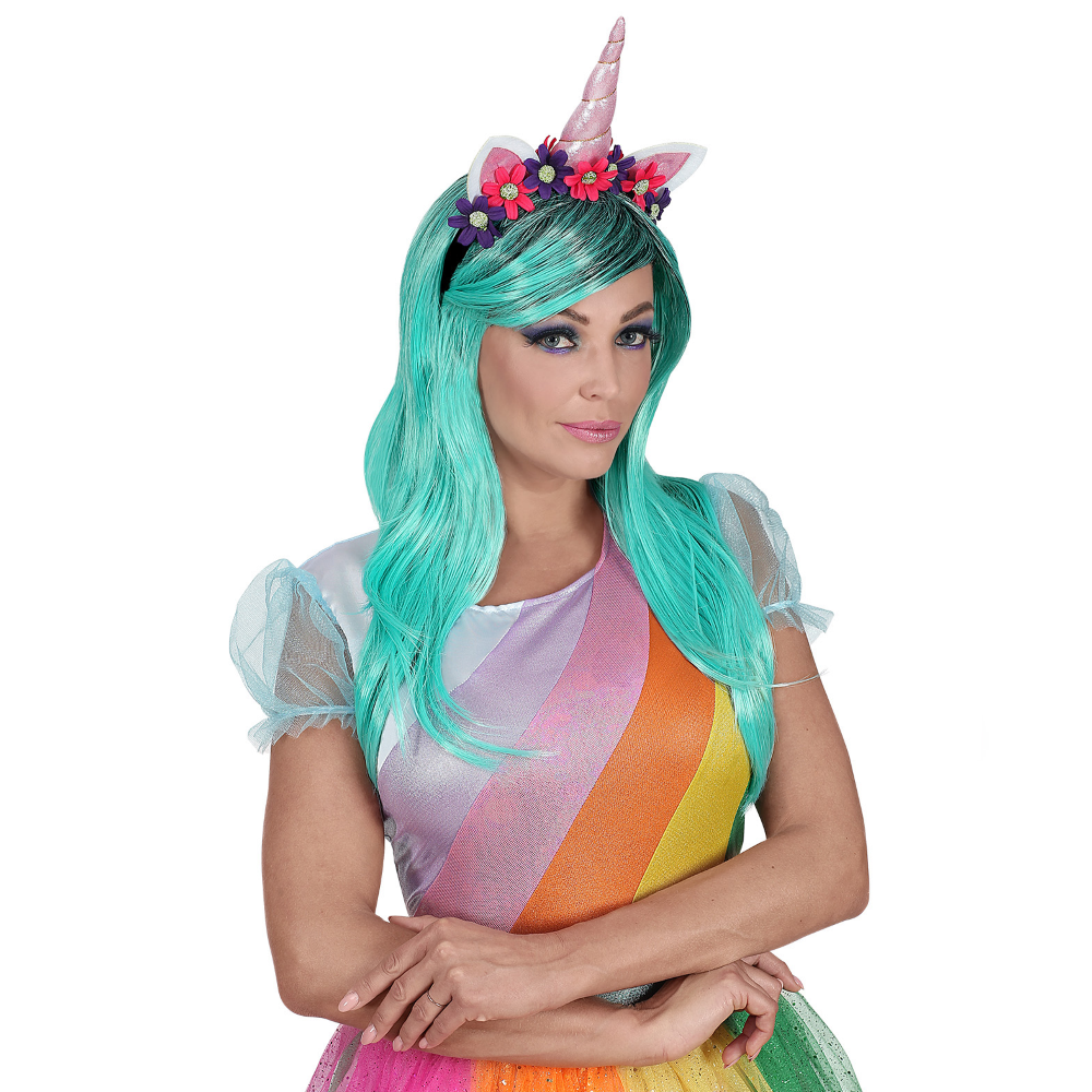 VESTITO CARNEVALE + ACCESSORI UNICORNO ABITO COPRICAPO PARRUCCA TRAVESTIMENTO (S)