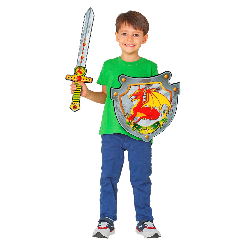 SET SPADA E SCUDO CAVALIERE DEL DRAGO IN SPUGNA ACCESSORI PER ABITO VESTITO CARNEVALE BAMBINO - 97304